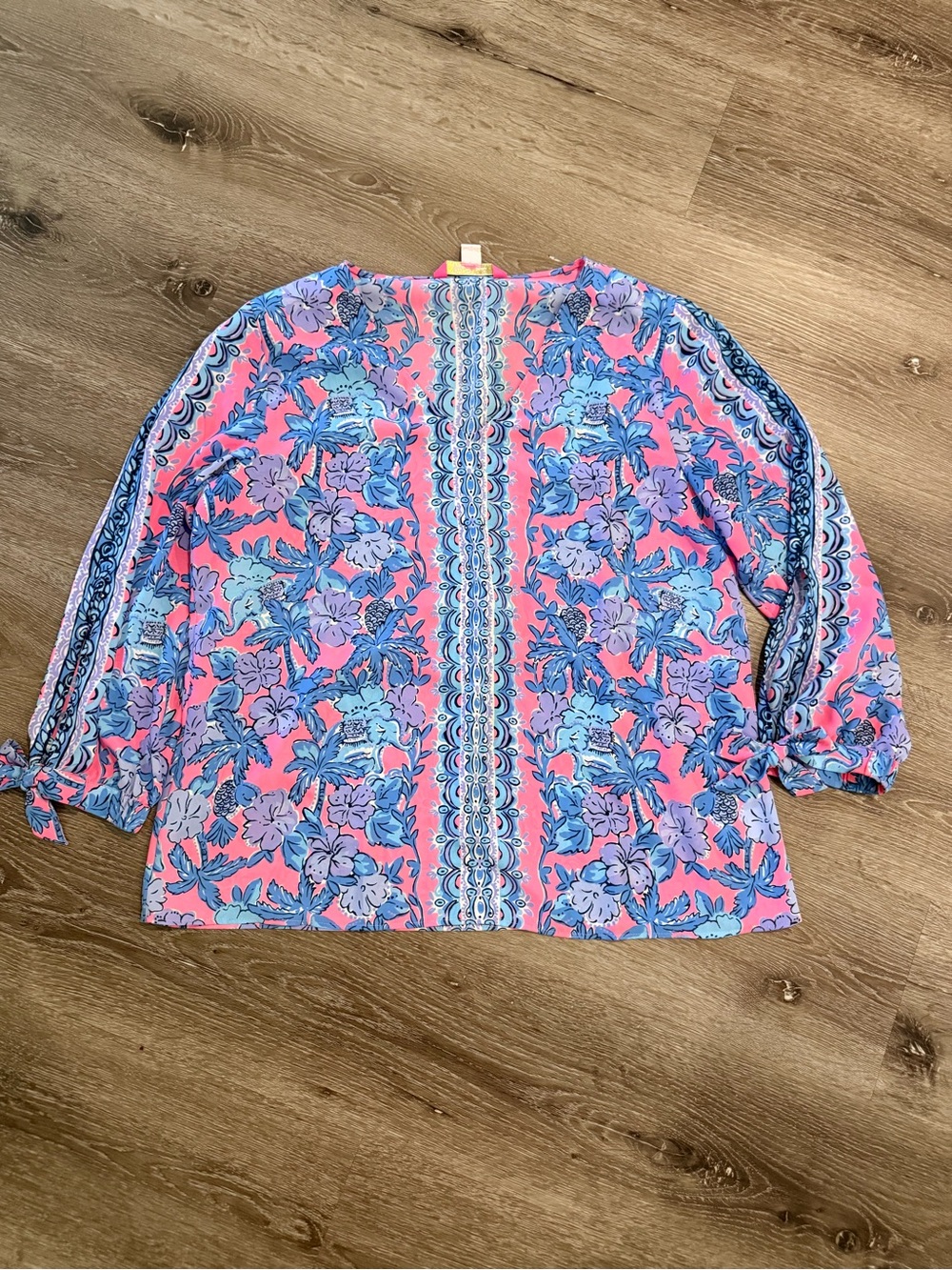 Lilly Pulitzer Pink Floral Blue Border-Print Blouse